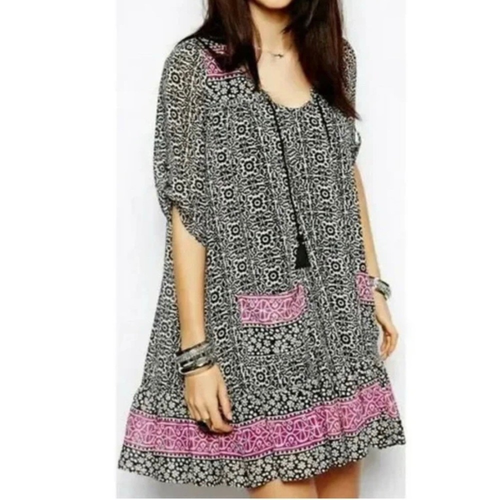 Free People Penny Lane Black Combo  Chiffon Tunic Dress Size XS